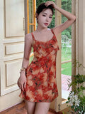 MQTIME  -  ﻿ Retro Floral Women Mini Dress Summer Beach Backless Camisole Sexy Dress High Waist A Line Vacation Casual Fashion Sweet Dress