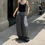 MQTIME  -  Women Grey Multi Strap Wide Waistband Pleated Trousers Wide Leg Double Drawstring Spring Summer Loose Baggy Casual Long Pants