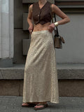 MQTIME  -  Autumn Winter Women Elegant Maxi Skirts Solid Gold Sequnied High Waist Ladies A-line Flare Long Skirt For Women