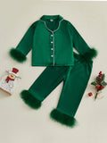 MQTIME  -  Children s Satin Pajama Set with Plush Trim Long Sleeve Button-up Shirt Elastic Waist Pants - 2 Piece Sleepwear Ensemble