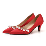 MQTIME  -  Fashion New Thin Heel Pointed Pearl Rhinestone French Low Heel High Heels Single Shoes