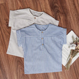  MQTIME  -  Children's Cotton Linen Striped Short-Sleeved T-Shirt Summer New Boys And Girls Round Neck Buttons Daily Casual Tops
