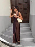 MQTIME  -  Fashion Lady Elegant Sling Maxi Dresses Solid Sleeveless Backless V Neck Slim Fit Long Satin Gowns New Evening Party Robes