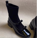 MQTIME  -  Spring Autumn Viral Mary Jane Sock Boots, Square Toe Bow Decor Chunky Heel Comfy Stretch Slim British Style For Girls Boots