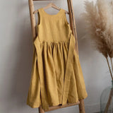 MQTIME  -  Vintage Cotton Linen Girls Sleeveless Dress Chic Open Back Buttons Bandage Bow Sweet Loose Wending Evening Party Dresses