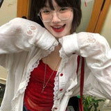  MQTIME  -  Y2k Aesthetic Two Piece Sets Lace Patchwork Sun Protection Loose Blouses + Flower Print Grunge Tanks Female Autumn Vintage Suit