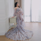 MQTIME  -  Off-Shoulder Maternity Gown for Photo Shoot with Long Train Soft Mesh Chiffon Floral Print Wedding Dress for Pregnant Women ﻿