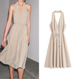 MQTIME  -  Halter Dress With Belt for Women Backless V Neck Women's Midi Dress With Adjustable Tie Belt Female Party Dresses