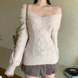 MQTIME  -  Sweet Hot Girl Pure Sexy V-neck Slim Fit Sweater Women's Autumn and Winter Off Shoulder Long-sleeved Knitwear Female Clothes