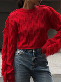 MQTIME  -  Tassel Long Sleeve Sweater For Women's 2024 Winter Slim O Neck Short Pullover Autumn Street Red Trendy Slim Knit Sweater