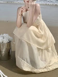 MQTIME  -  Casual Women's Pleated Cake Sundress Summer Vacation New Beige Sleeveless Temperament Elegant Round Neck Fashion Vest Dresses