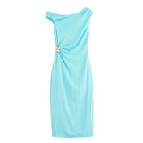  MQTIME  -  Women's Solid Color Sleeveless Asymmetrical Maxi Dress Slim Fit Sexy Pleated Chic Summer Fashion Holiday Style with Slit