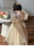 MQTIME  -  Girls Princess Long Dress Fashion Bow Sequin Puff Sleeve Tutu High End Formal Party Gown Ball New Style Children Evening Dress