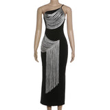 MQTIME  -  Tassel Patchwork One Shoulder Sleeveless Bodycon Maxi Dress Women Elegant Sexy Backless Slim Birthday Prom Party Long Robe