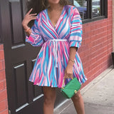 MQTIME  -  Elegant V-neck High Waist Pleat Dress Leisure Half Sleeve Tie-up A-line Dress Lady Summer New Stripe Contrast Printed Mini Dress