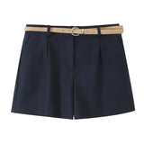 MQTIME  -  New summer women's clothing casual fashion simple loose versatile belt pleated commuter wide-leg shorts