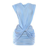 MQTIME  -  Light Blue Plunge Neck Slim Mini Dress Women Ruched Twist Front Bodycon Party Club Dress Summer Fashion Sexy Cocktail Gown