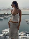 MQTIME  -  Chic Polka Dot Sling Top Set Women Casual Sleeveless Off-shoulder Slim Tops High Waist Midi Skirt Sets Lady Vacation Outfit