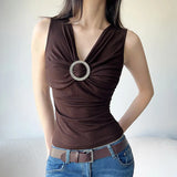 MQTIME  -  2000s Aesthetic Circular Design Sleeveless T-shirts Elegant Fashion V-neck Slim Tank Top Women Acubi Solid Blouse Vests