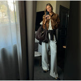 MQTIME  -  Women Brown Suede Leather Jacket Vintage Lapel Single Breasted Long Sleeve Pocket Slim Outerwear Spring Lady Chic Top 2025