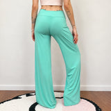  MQTIME  -  Women's Elastic Waisted Wide Leg Pants V-Cross Front Design Casual Solid Micro Flared Full Length Trousers All Match Bottoms Chi