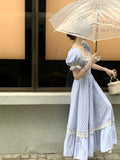 MQTIME  -  Elegant High Waist Lace Stitch Blue Striped Square Neck Midi Long Dress Dresses Women fairycore y2k 00s korean clothing vintage