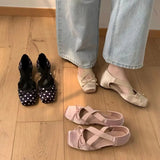 MQTIME  -  Women's Elegant Pink Satin Ballet Shoes Square Toe Cross Strap Polka Dot Bow Mary Jane Shoes Inside Mid Heel Casual Pumps