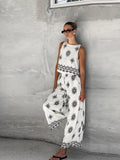 MQTIME  -  Print Top Pants Women Set O-neck Sleeveless Loose Tops Wide Leg Trousers Female Chic Sets Summer Vacation Casual Lady Suit