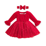 MQTIME  -  0-5Y Toddler Kids Girls Christmas Dress Long Flare Sleeve Lace Sequins Stars Moon Layered Tulle Party Dress Headband