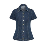 MQTIME  -  Women Vintage Short Sleeve Denim Top Short Skirt Sets Lapel Pleat Slim Buttons Shirt Dress 2 Piece Outfits Soild High Street Set