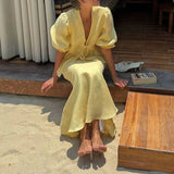 MQTIME  -  Elegant High Waist Holiday Outfit 2025 New Women's V Neck Lace Up Top + Long Skirt Suit Sweet Casual Puff Sleeves Two Piece Set