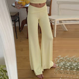  MQTIME  -  Solid Light Yellow Color Low Waist Yoga Sport Loose Flare Pants for Women's Autumn Korean Style Designer Elegant Trousers
