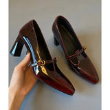 MQTIME  -  Retro Burgundy Chunky-Heel Women's Pumps and Heels T-Strap Buckle Design Pointed-Toe Mary Jane Shoes Elegant Party Designer Shoe