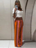  MQTIME  -  Color Vertical Stripe Women Wide Leg Pants Elastic Drawstring Waist Bead Pendant Lightweight Sheer Loose Full Length Casual Pant