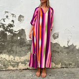 MQTIME  -  V-neck Long Dress With Sleeves Summer New Ladies Loose Party Dresses Vintage Pleated Stripe Printed Commuting Maxi Dresses