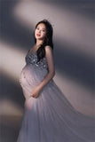  MQTIME  -  Silver Maternity Photography Dresses Sexy Sequin Beaded Dress Pregnant Women V Neck Sling Dress Baby Shower Maxi Dress