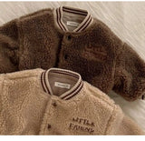 MQTIME  -  Toddler Boy Lamb Woolen Jacket Thick Letter Embroidery Kids Girl Warm Coat Single Button Closure Baby Boy Winter Baseball Jacket
