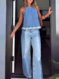 MQTIME  -  Summer Casual Street Solid Color Women Suit Fashion Pocket Holiday Outfit O Neck Sleeveless Top and Long Pants Denim 2 Piece Set