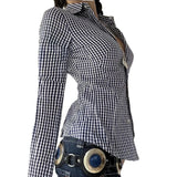MQTIME  -  Spring New Design Color Contrasting Versatile Fine Grid Cotton Collar Long Sleeve Shirt for Women