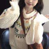 MQTIME  -  Women Knitting Sweater Winter New Women's Retro O-neck Sweet Sweater Fair Isle Jacquard Korean Lazy Knit Top