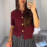 MQTIME  -  Women's Y2K Chic Cable Knitwear Cardigans Striped Short Sleeve Button-down Round Neck Cropped Slim Fit Sweater Tops