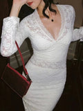 MQTIME  -  Sexy V-neck Long Sleeve Lace Patchwork Dress Women Elegant Double-layer Stretchy Party Club Evening Dress Wedding Outfit