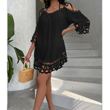 MQTIME  -  Solid Color Beach Cover Ups Lace-up Bandage White Beach Dress Splice Lace Transparent Sexy Swimwears Bathing Suit Beachwear