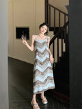 MQTIME  -  Spicy girl style striped suspender dress 2024 summer new knitted sleeveless deep V sexy sweet blue long skirt