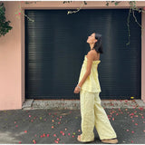 MQTIME  -  Tube Top Pant Women's Set Backless Off Shoulder Pleated Blouse High Waist Wide Leg Pants Lady Suit 2025 Summer Female Streetwear
