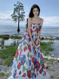 MQTIME  -  French Elegant Floral Print Long Dress Women Spaghetti Straps Sexy party A-line Ladies Dress Beach Vacation Robe