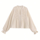  MQTIME  -  Women Elegant Chic Blouse Floral Embroidery Hollow Out Long Sleeve Buttons Shirts Spring Summer Casual Office Lady Tops