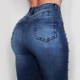 MQTIME  -  Fashion Jeans Pants Woman High Waist Slim Skinny Elastic Denim Trousers Femme Vintage Leisure Blue Beading Women Pencil Jeans