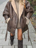 MQTIME  -  Fashion Retro Leather Women's Coat Winter Warm Windproof Plush Lining Coats with Belt Women Solid Turndown Collar Outerwears