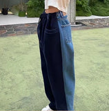 Mqtime New Contrast Vintage Jeans Loose Wide Leg Patchwork High Street Black Pants